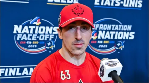 Brad Marchand #63 of Canada takes questions during media day ahead of the 2025 NHL 4 Nations Face-Off at the Bell Centre on February 11, 2025 in Montreal, Quebec, Canada.