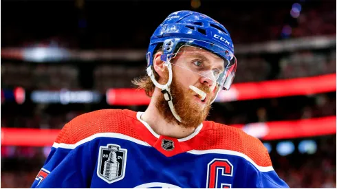 Connor McDavid #97 of the Edmonton Oilers looks on during the first period of Game Six of the 2024 Stanley Cup Final against the Florida Panthers at Rogers Place on June 21, 2024 in Edmonton, Alberta.