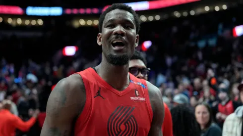 Deandre Ayton #2 of the Portland Trail Blazers celebrates a 121-119 win against the Phoenix Suns at Moda Center on February 03, 2025 in Portland, Oregon.