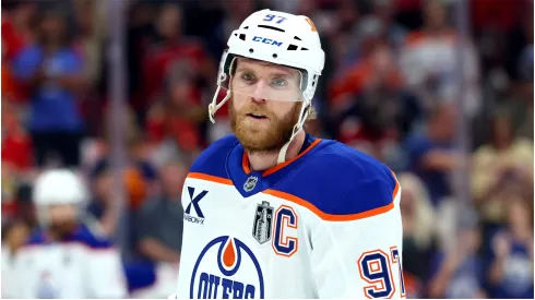 Connor McDavid #97 of the Edmonton Oilers warms up before playing the Florida Panthers in Game Four of the 2025 Stanley Cup Final at Amerant Bank Arena on June 12, 2025 in Sunrise, Florida.