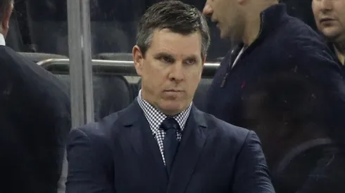 Head coach Mike Sullivan works the bench against the New York Rangers at Madison Square Garden on March 25, 2019 in New York City.