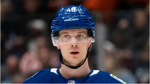 Elias Pettersson #40 of the Vancouver Canucks during NHL action against the Calgary Flames on March, 19, 2022 at Rogers Arena in Vancouver, British Columbia, Canada.