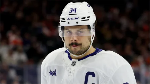 Auston Matthews #34 of the Toronto Maple Leafs looks on during a game against the Philadelphia Flyers at the Wells Fargo Center on January 07, 2025 in Philadelphia, Pennsylvania.