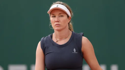 Danielle Collins of United States looks on against Jodie Burrage of Great Britain during the Women's Singles First Round match on Day Two of the 2025 French Open at Roland Garros.