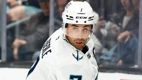 Jordan Eberle #7 of the Seattle Kraken at Crypto.com Arena on April 07, 2025 in Los Angeles, California.