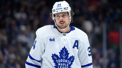 Auston Matthews #34 of the Toronto Maple Leafs during waits for a face-off during the second period of their NHL game against the Vancouver Canucks on March 4, 2023.