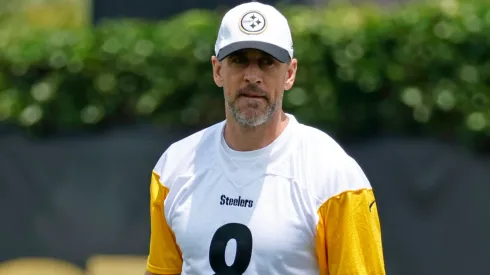 Quarterback Aaron Rodgers #8 of the Pittsburgh Steelers participates during mandatory minicamp at UPMC Rooney Sports Complex on June 10, 2025 in Pittsburgh, Pennsylvania.