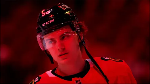 Connor Bedard #98 of the Chicago Blackhawks warms up against the Carolina Hurricanes at the United Center on January 20, 2025 in Chicago, Illinois.