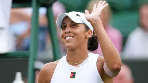 Madison Keys of United States acknowledges the crowd as she celebrates her victory against Olga Danilovic of Serbia during the Ladies' Singles second round match on day three of The Championships Wimbledon 2025.