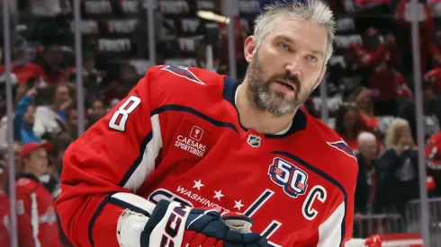 Alex Ovechkin #8 of the Washington Capitals warms up prior to a game against the Carolina Hurricanes in Game Five of the Second Round of the 2025 Stanley Cup Playoffs at Capital One Arena on May 15, 2025 in Washington, DC.