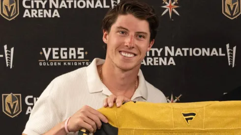 Mitch Marner during his introductory press conference with the Vegas Golden Knights, after being acquired through a sign-and-trade deal with the Toronto Maple Leafs.