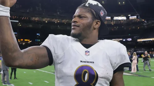 Lamar Jackson #8 of the Baltimore Ravens reacts after defeating the New Orleans Saints 27-13 at Caesars Superdome on November 07, 2022 in New Orleans, Louisiana.