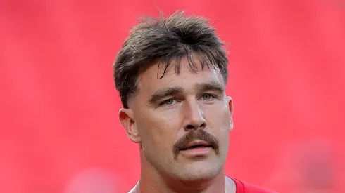 Travis Kelce #87 of the Kansas City Chiefs looks on during warmups before playing the Baltimore Ravens at GEHA Field at Arrowhead Stadium on September 05, 2024 in Kansas City, Missouri.