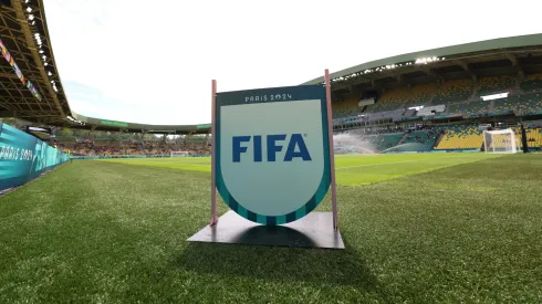 General view inside the stadium as a sign with the FIFA logo can be seen prior to the Women's group C match between Spain and Japan.