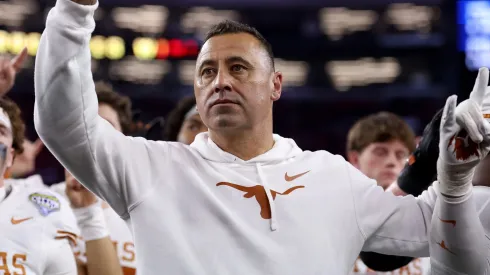 Head coach Steve Sarkisian of the Texas Longhorns looks on after losing to the Ohio State Buckeyes 28-14 in the Goodyear Cotton Bowl at AT&T Stadium on January 10, 2025 in Arlington, Texas.