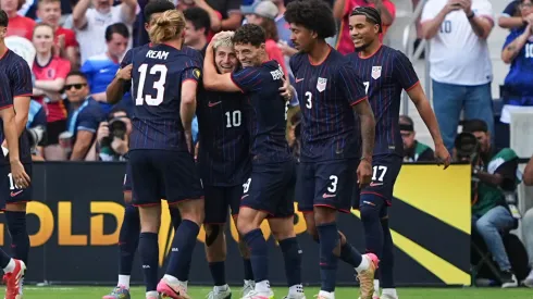  Diego Luna #10 of United States celebrates with teammates after scoring against Guatemala during the first half of the Gold Cup 2025 semifinal.
