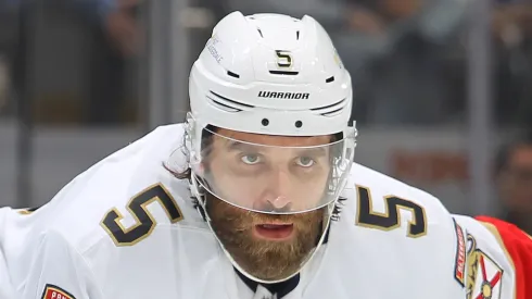 Aaron Ekblad #5 of the Florida Panthers waits for a faceoff against the Toronto Maple Leafs during the third period in Game Seven of the Second Round of the 2025 Stanley Cup Playoffs at Scotiabank Arena on May 18, 2025 in Toronto, Ontario, Canada.