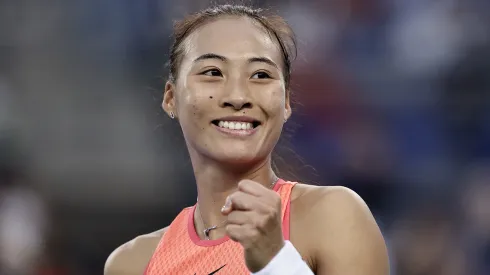 Qinwen Zheng of China celebrates winning the game against Leylah Fernandez of Canada in the Women's Singles Round of 16 match during the day sixth of the 2024 Wuhan Open.