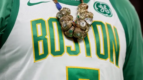 A close-up of Boston Celtics championship rings during overtime against the Indiana Pacers in Game One of the Eastern Conference Finals at TD Garden on May 21, 2024 in Boston, Massachusetts.