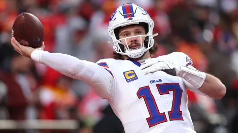 Josh Allen #17 of the Buffalo Bills warms up before playing the Kansas City Chiefs prior to the AFC Championship Game at GEHA Field at Arrowhead Stadium on January 26, 2025 in Kansas City, Missouri.