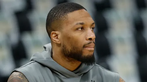 Damian Lillard #0 of the Milwaukee Bucks works before game three of the first round of the 2025 NBA playoffs