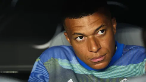 Kylian Mbappe #9 of Real Madrid C.F. looks on prior to the FIFA Club World Cup 2025 round of 16 match between Real Madrid CF and Juventus FC at Hard Rock Stadium on July 01, 2025 in Miami Gardens, Florida.