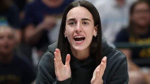 Caitlin Clark #22 of the Indiana Fever reacts to a score during the first half of a game against the Dallas Wings at American Airlines Center on June 27, 2025 in Dallas, Texas.