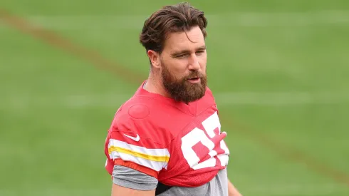 Travis Kelce #87 of the Kansas City Chiefs warms up during a practice ahead of Super Bowl LIX at Tulane University’s Yulman Stadium on on February 06, 2025 in New Orleans, Louisiana.