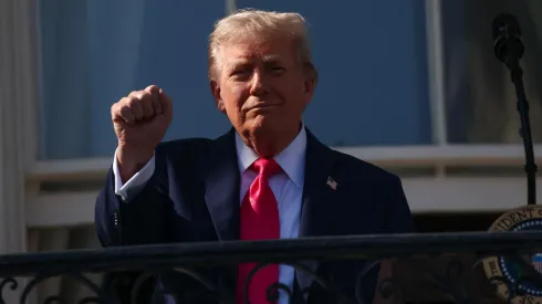 U.S. President Donald Trump, joined by first lady Melania Trump, greets the crowd before he delivers remarks during an Independence Day military family picnic on the South Lawn of the White House on July 04, 2025 in Washington, DC.