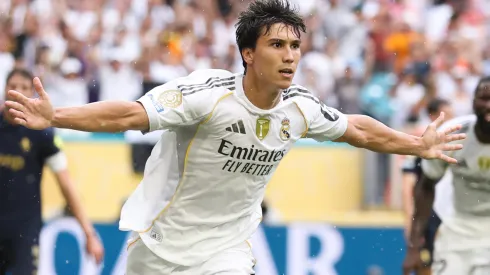 Gonzalo Garcia #30 of Real Madrid C.F. celebrates scoring his team's first goal during the FIFA Club World Cup 2025 round of 16 match between Real Madrid CF and Juventus FC at Hard Rock Stadium on July 01, 2025 in Miami Gardens, Florida.