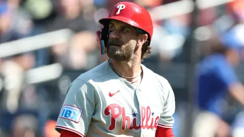 Bryce Harper #3 of the Philadelphia Phillies looks on against the during their game at Citi Field on April 23, 2025 in New York City.