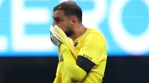 Gianluigi Donnarumma #1 of Paris Saint-Germain reacts after colliding with Jamal Musiala #42 of FC Bayern Munchen (not pictured) during the FIFA Club World Cup 2025 quarter-final match between Paris Saint-Germain and FC Bayern München at Mercedes-Benz Stadium on July 05, 2025 in Atlanta, Georgia.