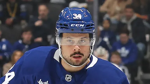Auston Matthews #34 of the Toronto Maple Leafs skates against the Carolina Hurricanes during the first period in an NHL game at Scotiabank Arena on February 22, 2025 in Toronto, Ontario, Canada.