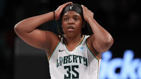 Jonquel Jones #35 of the New York Liberty reacts after getting called for a foul in the second half against the Golden State Valkyries at Barclays Center on May 27, 2025 in the Brooklyn borough of New York City. The New York Liberty defeated the Golden State Valkyries 95-67.