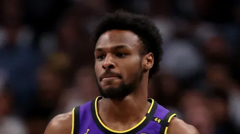 Bronny James #9 of the Los Angeles Lakers dribbles the ball against the Dallas Mavericks during the fourth quarter