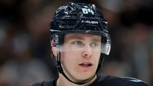 Kaapo Kakko #84 of the Seattle Kraken looks on against the Los Angeles Kings at Climate Pledge Arena on April 15, 2025 in Seattle, Washington.