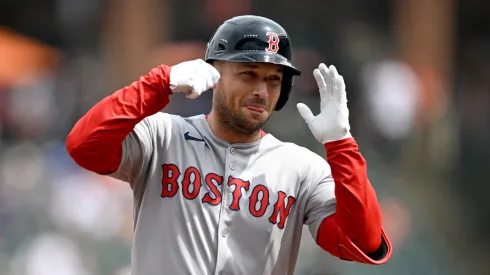 Alex Bregman #2 of the Boston Red Sox celebrates after hitting a two-run home run in the first inning against the Baltimore Orioles at Oriole Park at Camden Yards on April 03, 2025 in Baltimore, Maryland.