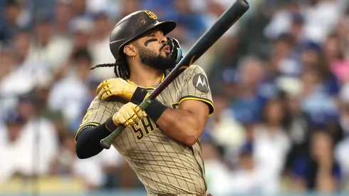 Fernando Tatis Jr. #23 of the San Diego Padres reacts during the third inning against the Dodgers at Dodger Stadium on June 16, 2025 in Los Angeles, California.