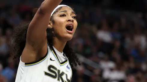 Angel Reese #5 of the Chicago Sky reacts to a call against the Minnesota Lynx during the third quarter at Target Center on July 6, 2025 in Minneapolis, Minnesota.