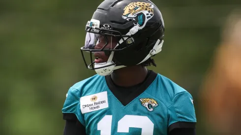Travis Hunter #12 of the Jacksonville Jaguars runs looks on during Jacksonville Jaguars Rookie Minicamp at Miller Electric Center on May 10, 2025 in Jacksonville, Florida.