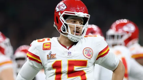 Patrick Mahomes #15 of the Kansas City Chiefs reacts in the third quarter against the Philadelphia Eagles during Super Bowl LIX at Caesars Superdome on February 09, 2025 in New Orleans, Louisiana.