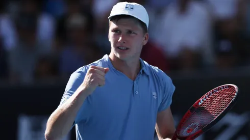 Jenson Brooksby of the United States reacts during the third round singles match against Tommy Paul of the United States during day six of the 2023 Australian Open.
