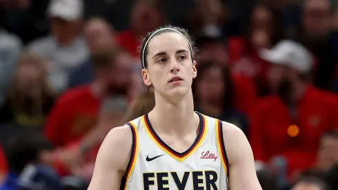Caitlin Clark #22 of the Indiana Fever is disappointed after a turnover against the New York Liberty at Gainbridge Fieldhouse