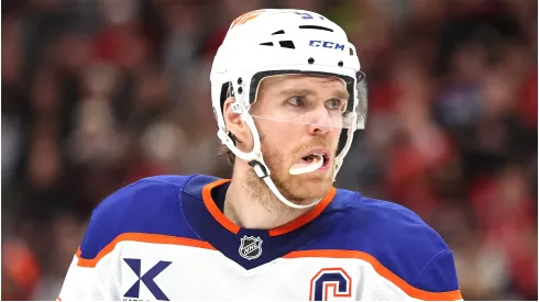 Connor McDavid #97 of the Edmonton Oilers looks on against the Chicago Blackhawks during the first period at the United Center on February 05, 2025 in Chicago, Illinois.