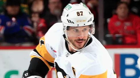 Sidney Crosby #87 of the Pittsburgh Penguins skates against the New Jersey Devils at Prudential Center on April 11, 2025 in Newark, New Jersey.