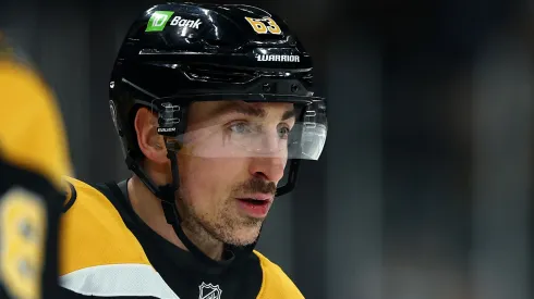 Brad Marchand #63 of the Boston Bruins looks on during the third period against the Ottawa Senators at TD Garden on January 23, 2025 in Boston, Massachusetts. The Bruins defeat the Senators 2-0.