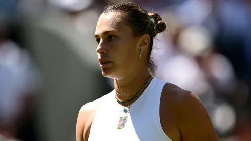 Aryna Sabalenka celebrates against Laura Siegemund of Germany during Wimbledon quarterfinals.