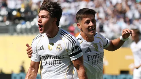 Fran Garcia #20 of Real Madrid C. F. celebrates scoring his team's second goal during the FIFA Club World Cup 2025