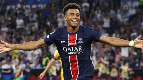 Desire Doue of Paris Saint-Germain celebrates scoring his team's third goal during the UEFA Champions League Final 2025 between Paris Saint-Germain and FC Internazionale Milano.