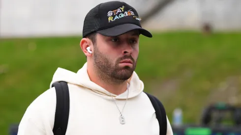 Baker Mayfield #6 of the Tampa Bay Buccaneers arrives prior to a game against the Buffalo Bills at Highmark Stadium on October 26, 2023 in Orchard Park, New York.